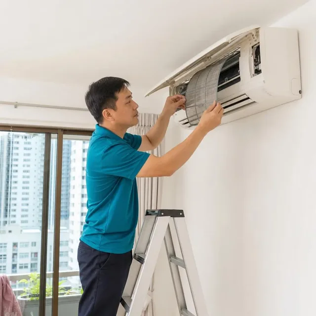 技術人員拆洗掛牆式冷氣機隔塵網