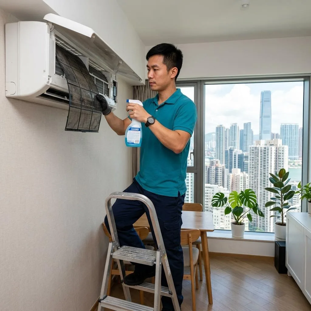 技術人員清洗掛牆式冷氣機隔塵網