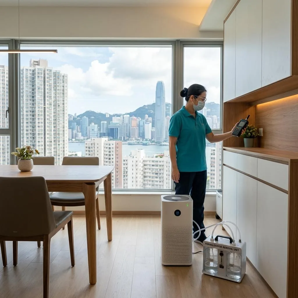 技術人員在新裝修客廳進行甲醛處理