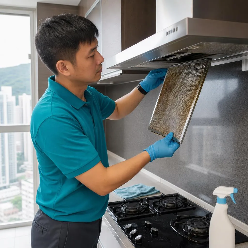 技術人員為廚房抽油煙機拆洗隔油網
