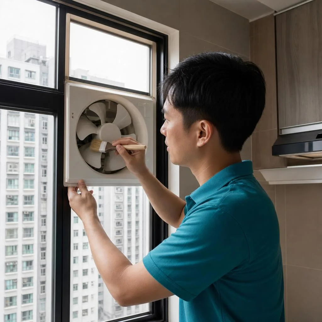技術人員清洗窗口式抽氣扇