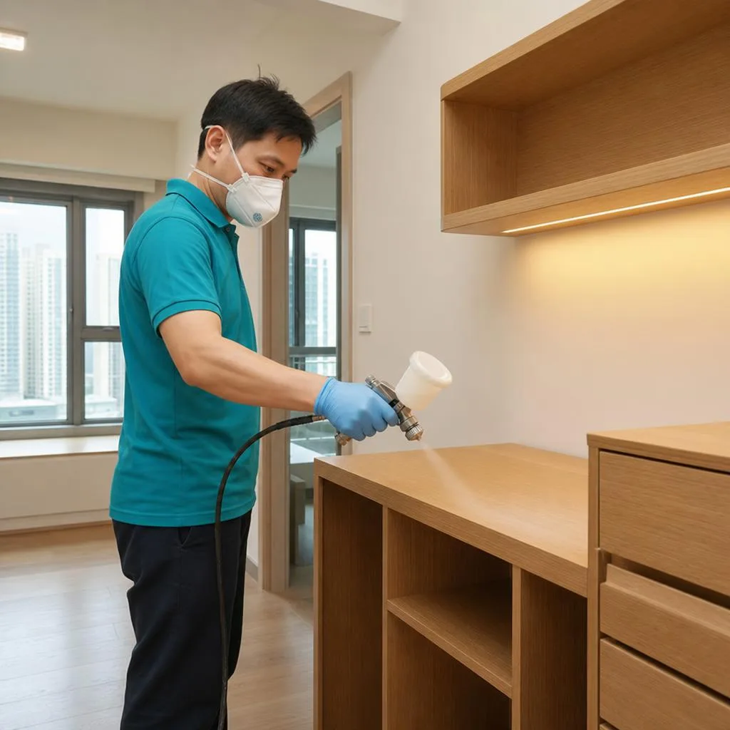 技術人員為新傢俬噴塗光觸媒除甲醛