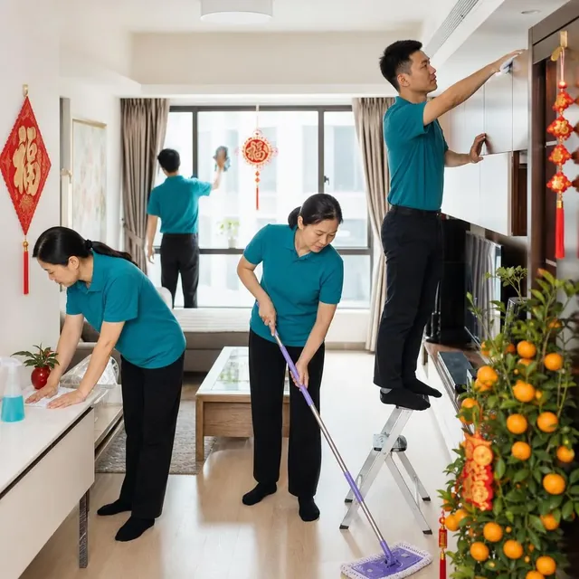 清潔團隊在掛有揮春燈籠的家居進行新年大掃除