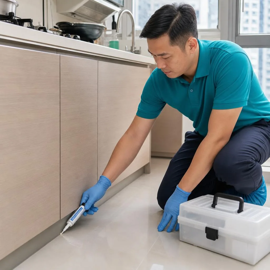 滅蟲技術人員在廚房施放低毒環保藥劑