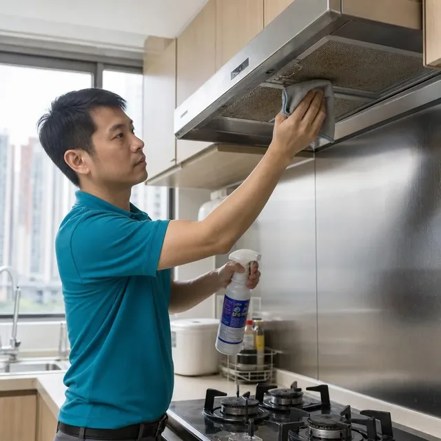 技術人員清洗廚房抽油煙機