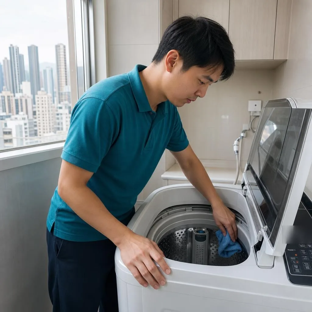 技術人員清洗頂蓋式洗衣機